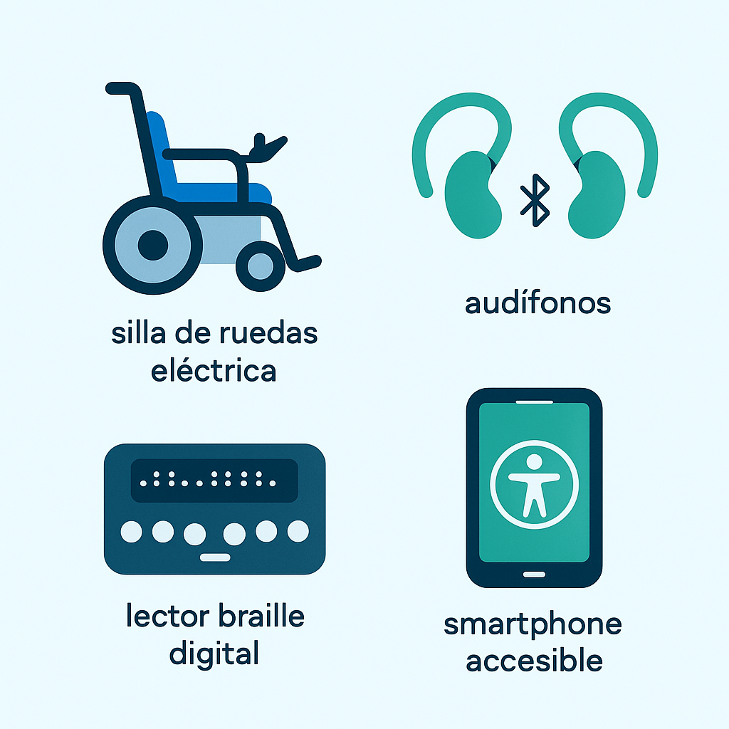 Infografía con ejemplos de tecnología asistiva para movilidad, comunicación y accesibilidad sensorial.