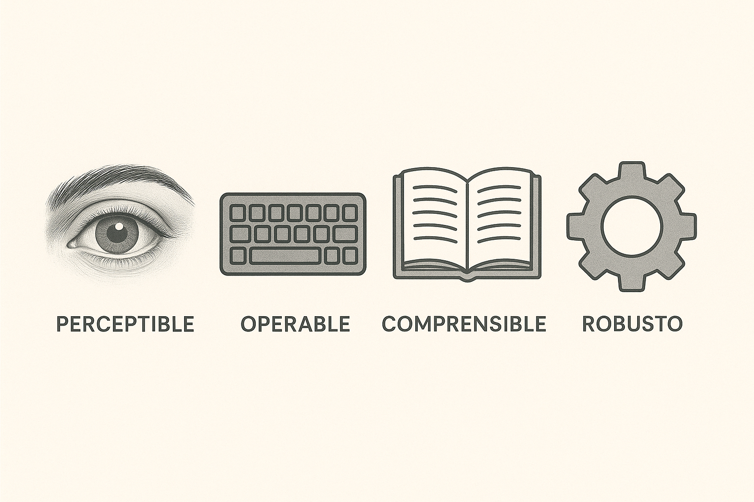 Los principios de la accesibilidad: perceptible (ojo), operable (teclado), comprensible (libro abierto) y robusto (engranaje). Fondo claro y diseño simple